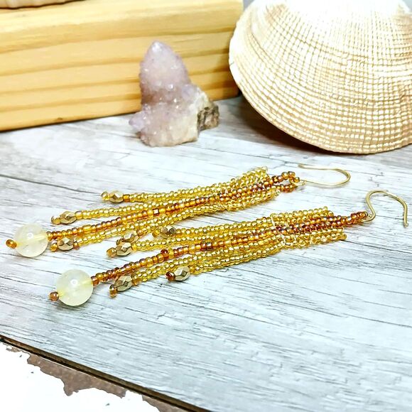 Gold Rush Citrine Beaded Fringe Dangle Earrings, Gemstone Jewelry 4" - Picture 3 of 8